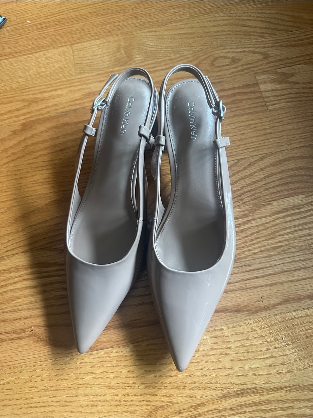 Calvin Klein Patent Pointed Slingback Pumps in nude color
